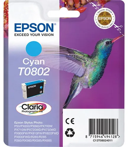 Epson T0802 C13T08024011 Cyanbläckpatron, 350 sidor